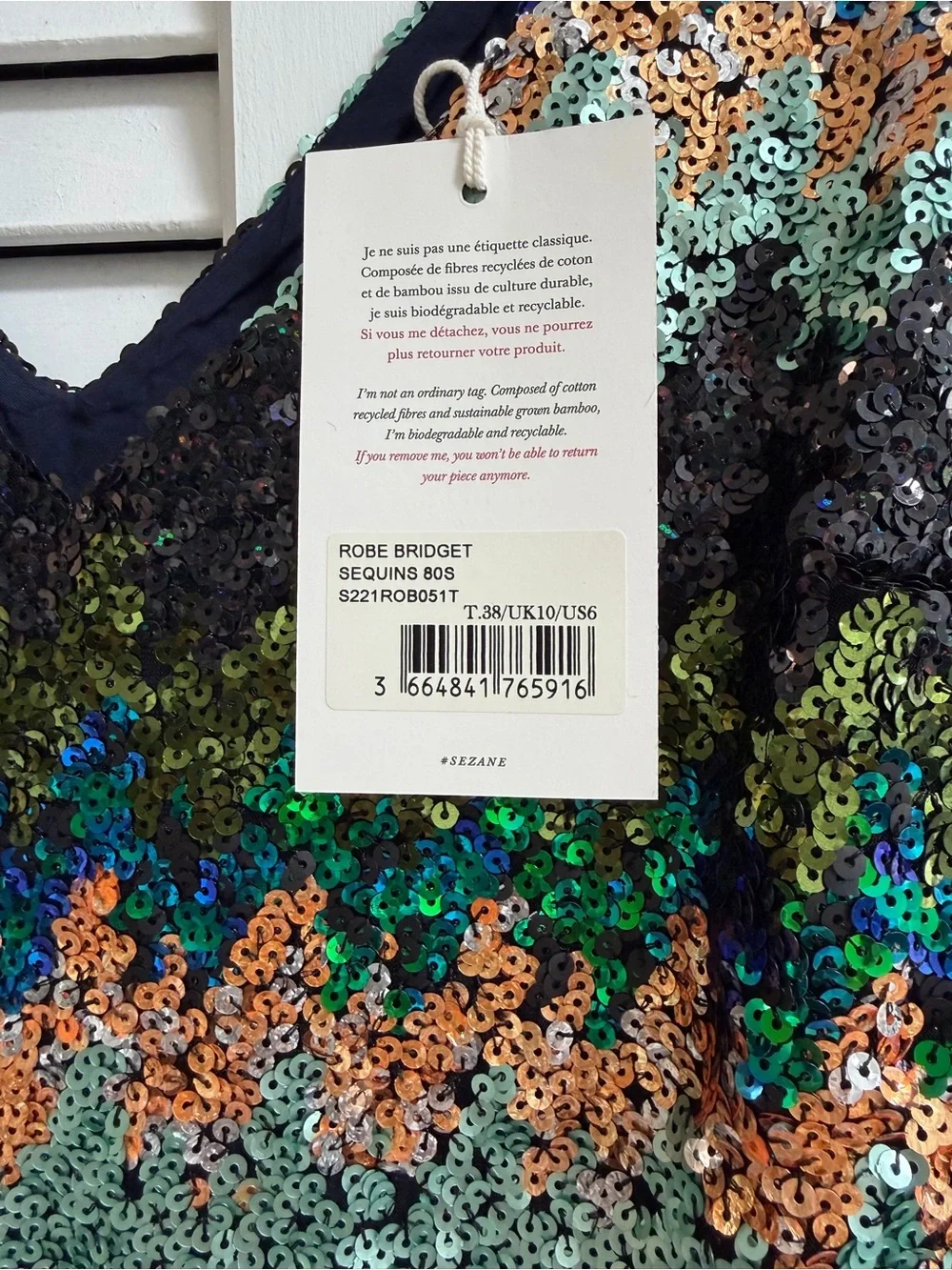 Sezane Sequined V-Neck Mini Dress in Green, Black & Copper - Picture 2 of 4